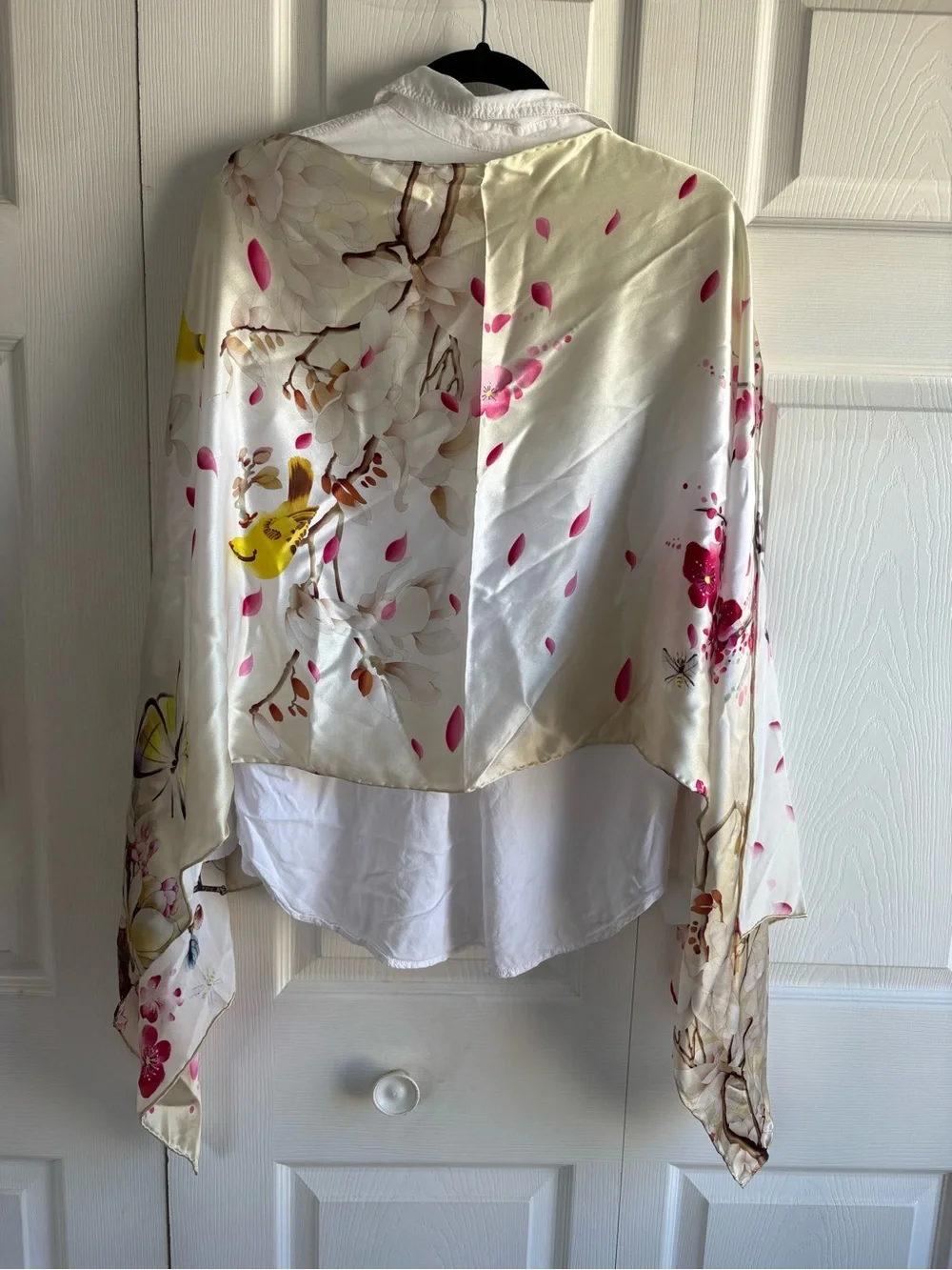 Luxury 100% Charmeuse Silk Long Scarf Cherry Blossom Bird Floral Novelty Academi